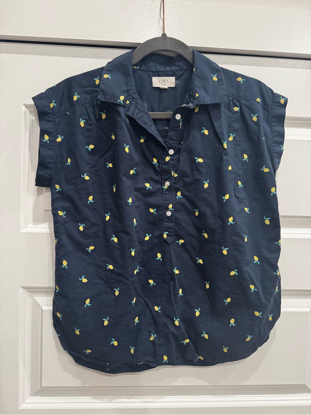 LOFT Navy Lemon-Print Short Sleeve Button Shirt